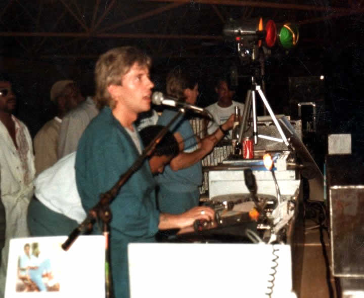 DJ John Osbourne of Horizon Radio on stage at the Harrow Leisure Center during the Horizon Radio Closedown Party