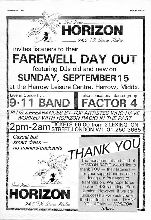 Horizon Radio closedown event advert in Black Echoes Newspaper of the 14th of September 1985