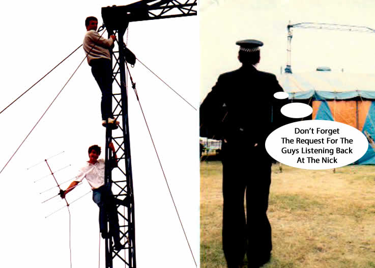 Soul on a Summers Day event at King Georges Park Wandsworth London 1984 Outside Broadcast Aerial going up with Mr Scales and Police Officer keeping watch for the DTI and asking for a request for for the local nick?