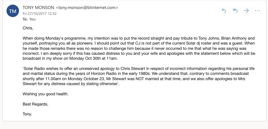 Pirate Radio Special email apologies from Tony Monson and Solar radio