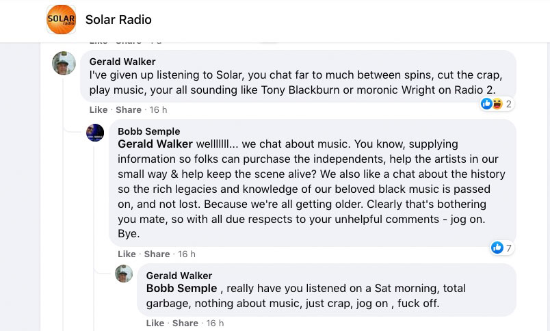 Solar Radio telling a listener to jog Off